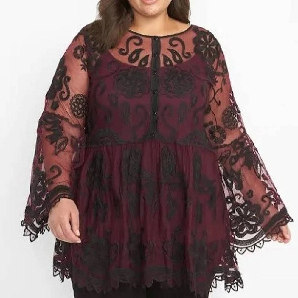 Lane Bryant Womens 26/28 Embroidered Mesh Tunic Burgundy Black Floral Sheer Top